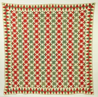 Antique Red and Green Star Pattern Quilt, with Diamond Border, early 20th Century