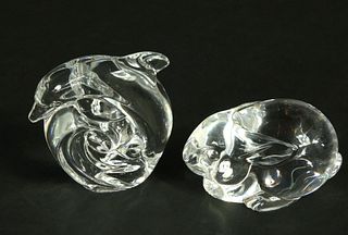 Signed Steuben Clear Crystal Rabbit and Dolphin Hand Coolers