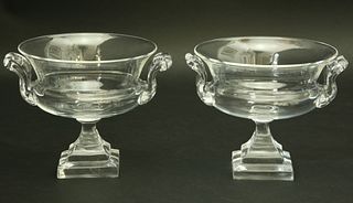 Pair of Signed Steuben Clear Glass Open Urns
