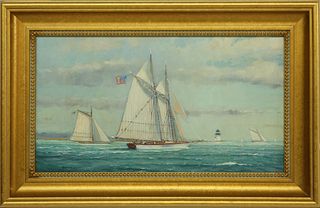 William Lowe Oil on Linen "Yacht and Gaff Rigged Sloop Departing Nantucket" circa 2014