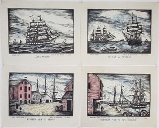 Set of Four Vintage James Arnold Marine Nautical Whaling Woodblock Prints