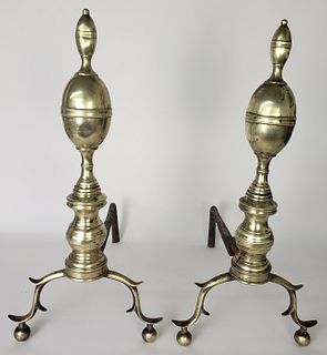 Pair of Antique Brass New York Double Lemon Top Andirons, 19th century
