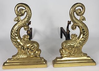 Pair of Antique/Vintage Figural Brass Fu Dolphin Andirons