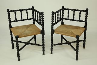 Pair of Antique Spool Rush Seat Corner Chairs