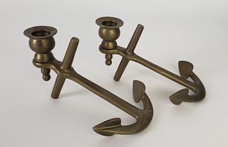 Pair of Vintage Brass Figural Anchor Candlesticks