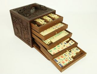 Vintage Elaborately Carved Mahjong Box with Tiles, Etc.