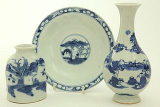 Three Antique Blue and White Porcelain Table Articles