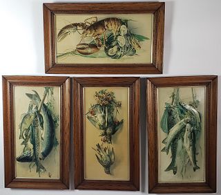 Set of Four Antique Relief Embossed Wild Game Chromolithographs