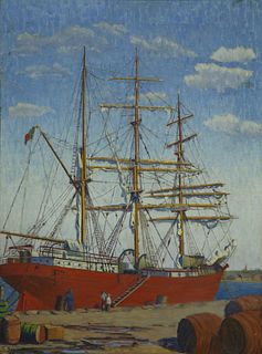 S. Brownell Oil on Canvas "Clipper at Dock"