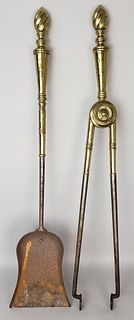 Heroic Pair of Antique Vintage Brass and Steel Paul Revere Style Fire Tools
