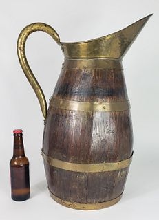 Antique English Oak Brass Bound Barrel Rum Pitcher, 19th Century