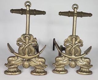 Pair of Antique/Vintage Figural Cast Iron Anchor Dolphin Andirons, circa 1920s
