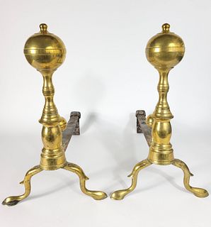 Pair of Antique Boston Brass Ball Finial Top Andirons, early 19th Century
