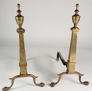 Pair of Antique Brass Philadelphia Urn and Finial Andirons, circa 1920