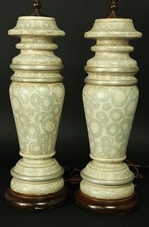Pair of Carved Wood Hand Painted Lamp with Custom Shades