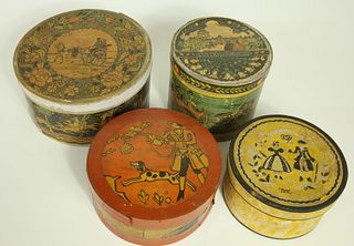 Four Tony Sarg Round Paper Decorated Covered Boxes