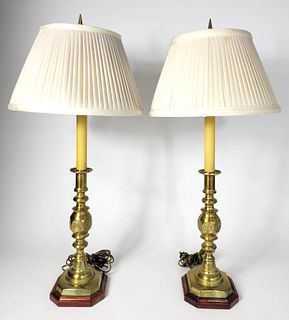 Pair of Custom 19th C. Brass Bullseye Candlestick Lamps