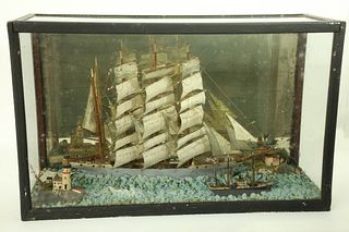 Antique Four-Mast Ship Diorama, 19th Century