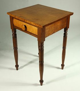 American Sheraton Tiger Maple and Mahogany One Drawer Work Stand, circa 1820