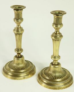 Pair of French Regency Fluted Brass Candlesticks, 19th Century