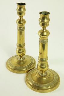 Pair of Antique French Engraved Brass Candlesticks, 19th Century