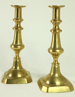 Pair of American Brass Pushup Tall Candlesticks, 19th Century