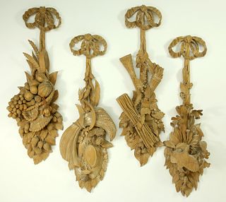 Four Continental Deeply Carved Wood "Four Seasons" Panels