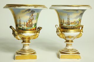 Pair of Paris Porcelain Hand Painted Urns, 19th Century