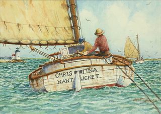 John Hutchinson Watercolor on Paper "Catboat Christina, Nantucket Rounding Brant Point"