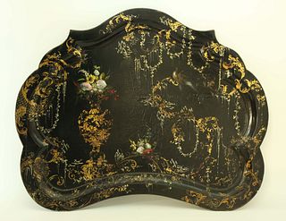 French Mother of Pearl Inlaid and Hand Painted Papier Mache Serving Tray, 19th Century