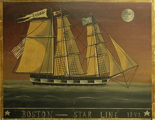 Primitive Oil on Canvas "Boston Star Line 1842", Contemporary