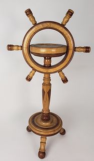 Vintage Tiger Maple Inlaid Ship's Wheel Side Table Stand