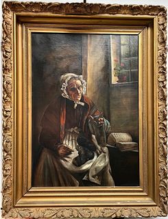 Antique Oil Painting On Canvas~ Woman Knitting