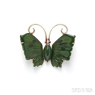 14kt Gold and Nephrite Butterfly Brooch
