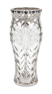 * A Silver Overlay and Wheel Cut Glass Vase Height 7 3/8 inches.
