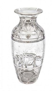 * A Silver Overlay Wheel Cut Glass Vase Height 12 3/8 inches.
