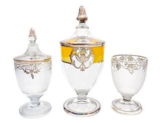 * Three Silver Overlay Glass Covered Urns Height of tallest 13 inches.