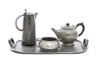 * An Assembled Liberty & Co. Pewter Tea Service Width of first over handles 19 1/4 inches.