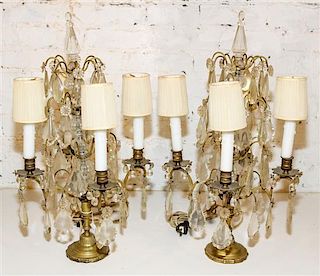 A Pair of Brass and Glass Four Light Candelabra. Height 23 inches.