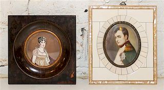 Two Napoleonic Portrait Miniatures Height of first 6 x width 5 1/4 inches.