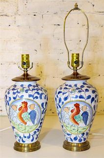* A Pair of Faience Vases Mounted as Lamps. Height 10 1/2 inches.