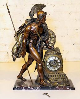* A Continental Gilt Metal Marble Figural Mantle Clock. Height 21 1/4 inches.