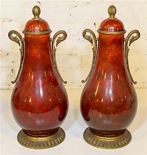 * A Pair of Sevres Gilt Bronze Mounted Vases. Height 17 1/4 inches.