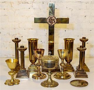 * A Collection of Gilt Metal Ecclesiastical Articles Height of tallest 23 3/4 inches.