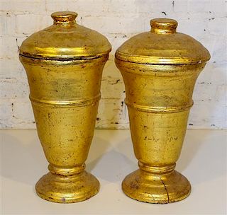 * A Pair of Giltwood Lidded Urns. Height overall 17 3/4 inches.