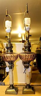 * A Pair of Victorian Glass and Marble Table Lamps Height overall 29 3/8 inches.