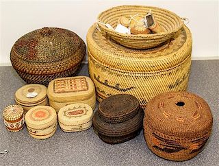 A Collection of Twenty Woven Baskets Height of largest 6 inches.