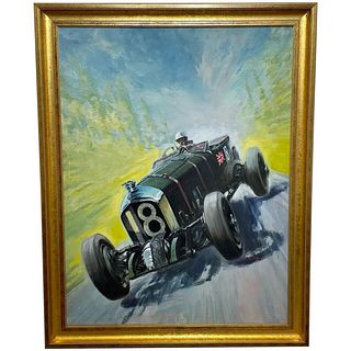 GREEN RACING CAR BENTLEY NO 18 AT 24 HOURS LE MANS OIL PAINTING