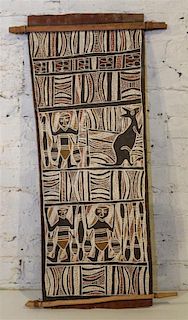 An Aboriginal Bark Painting Length 34 inches (overall).