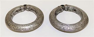A Pair of Yemeni Silver Bangles Diameter of exterior 4 1/4 inches.